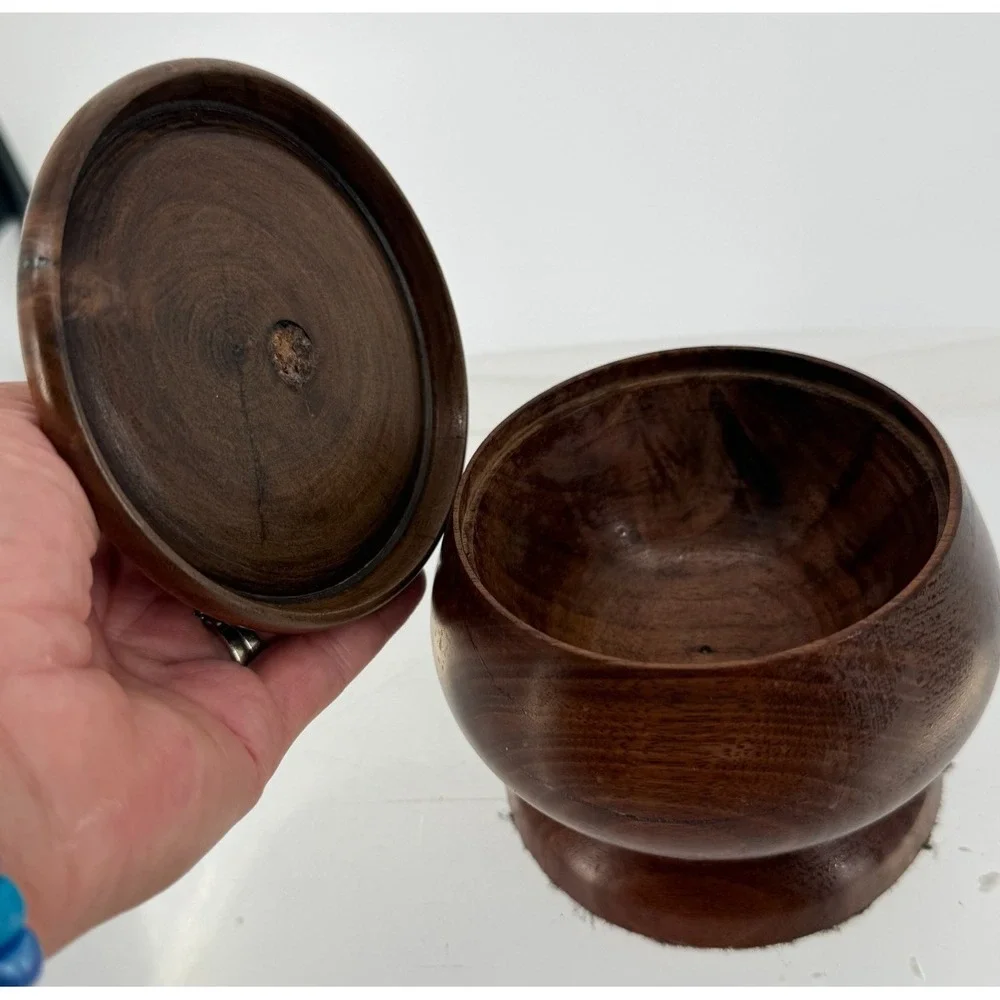 Vintage Hand Turned Wooden Lidded Box Trinket Pot Keepsake Storage Rustic Decor